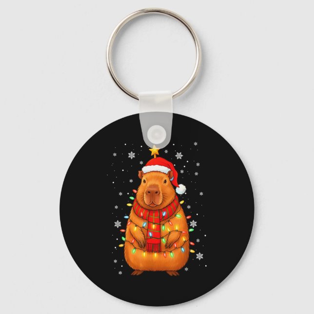 Chaveiro Christmas Capybara With Santa Hat Xmas Lights Tree (Frente)