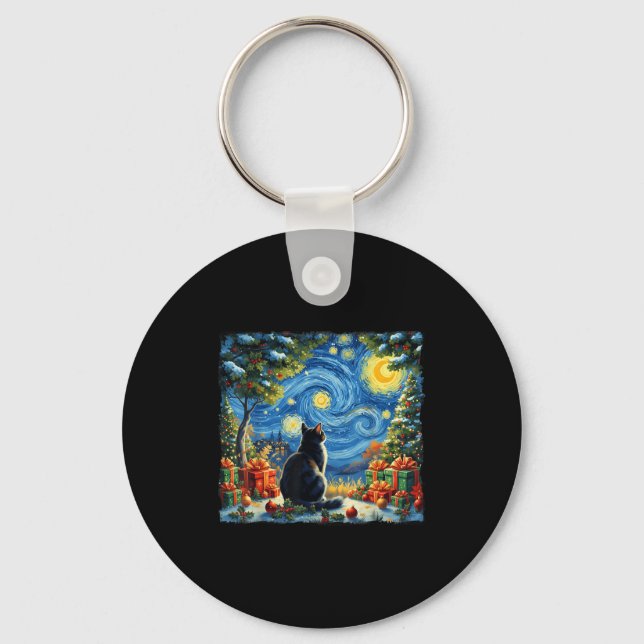 Chaveiro Christmas Cat Starry Night Van Gogh Santa Winter G (Frente)