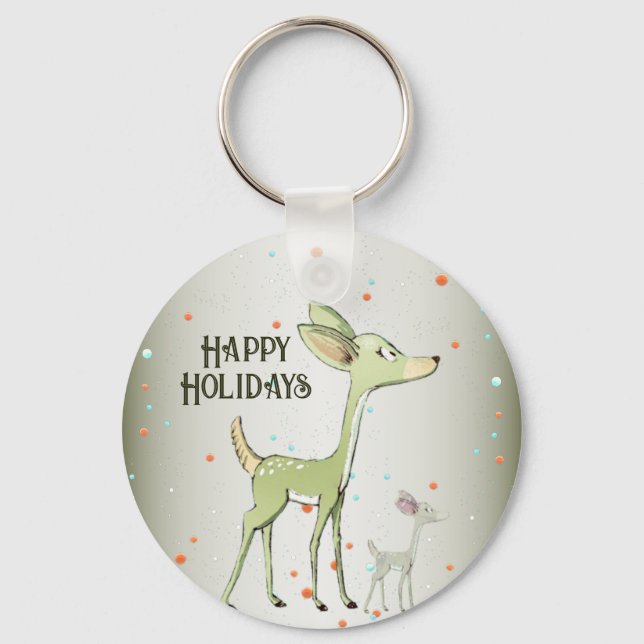 Chaveiro Christmas Celebration Green Deers Holidays Cute (Frente)