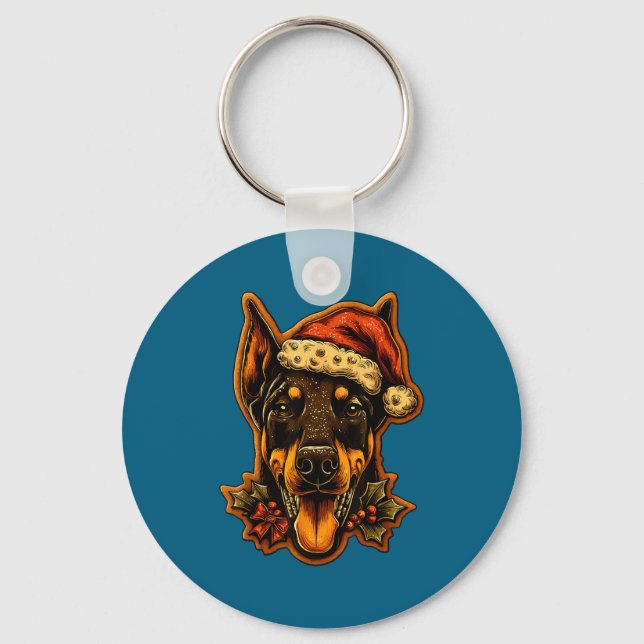 Chaveiro Christmas Doberman Dog With Santa Hat Gingerbread  (Frente)
