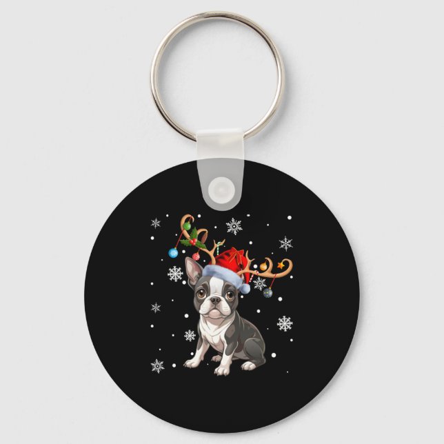 Chaveiro Christmas Light Reindeer Santa Hat Boston Terrier  (Frente)