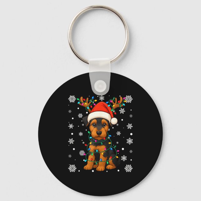 Chaveiro Christmas Santa Hat Reindeer Airedale Terrier Love (Frente)