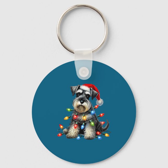 Chaveiro Christmas Schnauzer Dog Santa Hat Xmas Light Holid (Frente)