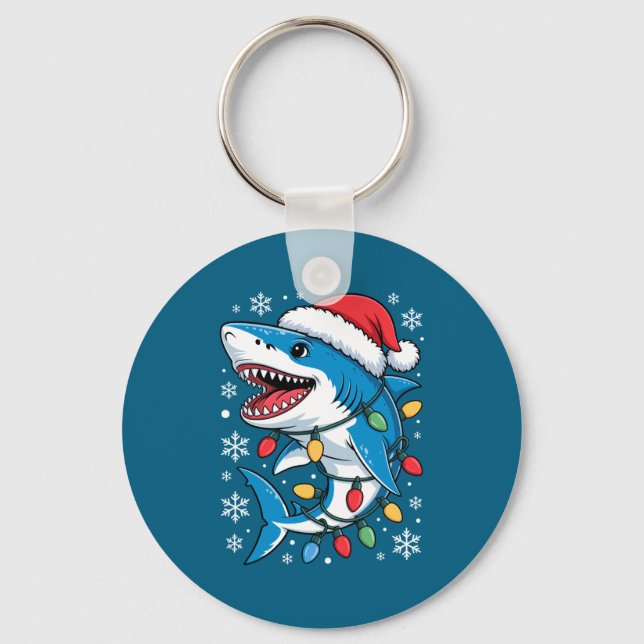 Chaveiro Christmas Shark Santa Hat Wrapped Lights Holiday S (Frente)
