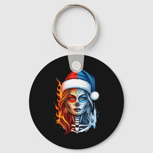 Chaveiro Christmas Sugar Skull Art Woman Santa Hat Fantasy  (Frente)