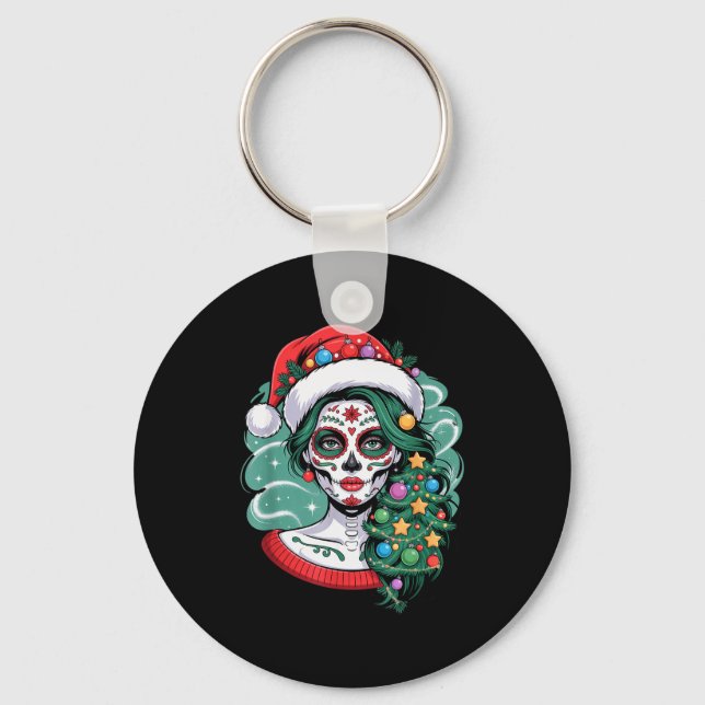 Chaveiro Christmas Sugar Skull Art Woman Santa Hat Festive  (Frente)