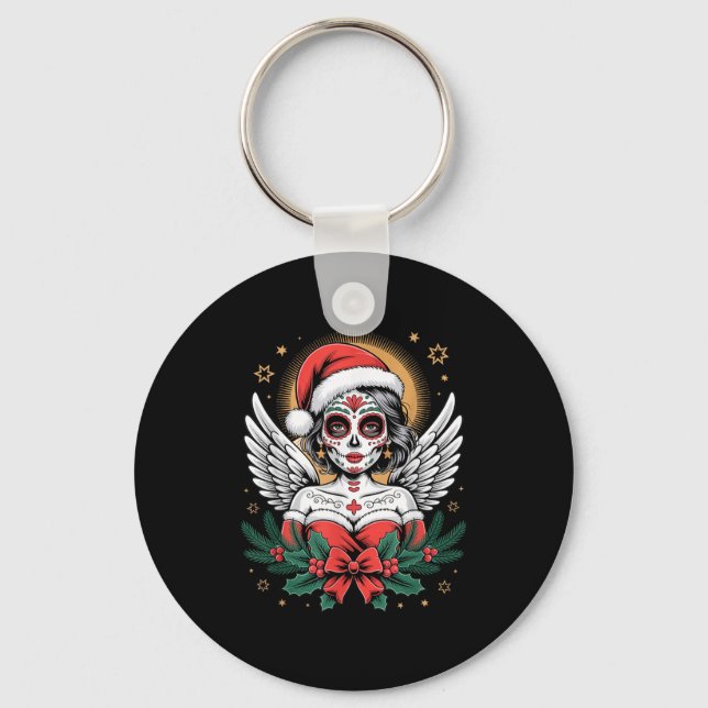Chaveiro Christmas Sugar Skull Art Woman Santa Hat Festive  (Frente)