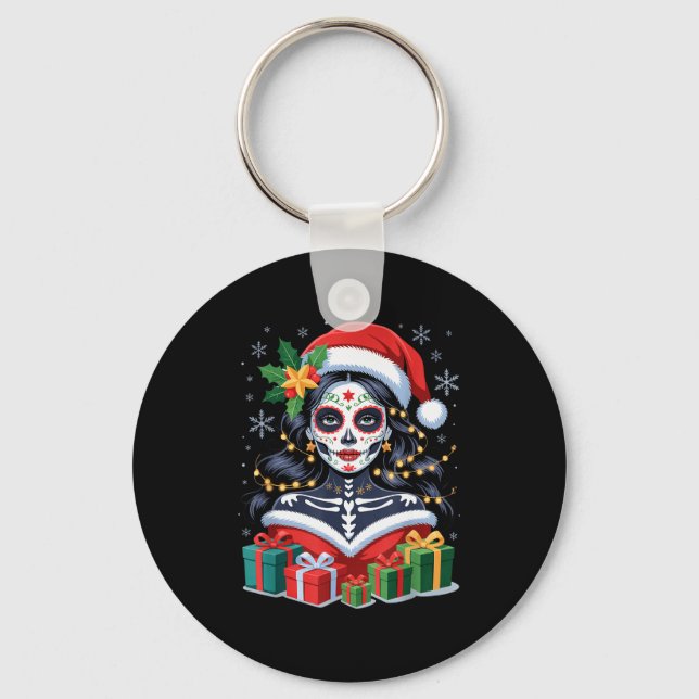 Chaveiro Christmas Sugar Skull Art Woman Santa Hat Festive  (Frente)