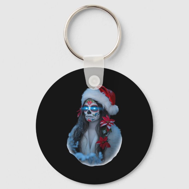 Chaveiro Christmas Sugar Skull Art Woman Santa Hat Festive  (Frente)