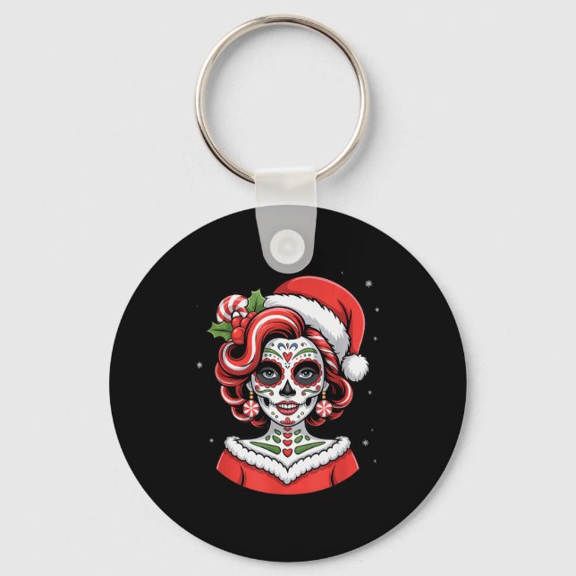 Chaveiro Christmas Sugar Skull Art Woman Santa Hat Festive  (Frente)
