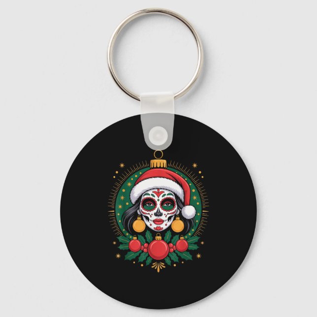 Chaveiro Christmas Sugar Skull Art Woman Santa Hat Festive  (Frente)
