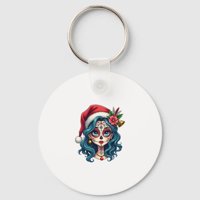 Chaveiro Christmas Sugar Skull Art Woman Santa Hat Festive  (Frente)