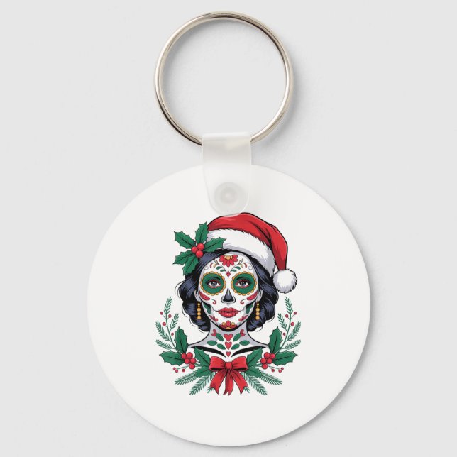 Chaveiro Christmas Sugar Skull Art Woman Santa Hat Festive  (Frente)