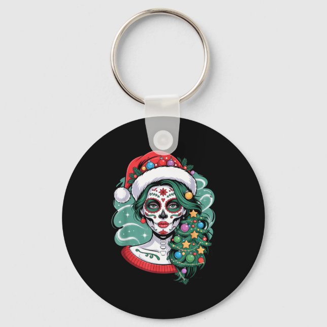 Chaveiro Christmas Sugar Skull Art Woman Santa Hat Festive  (Frente)