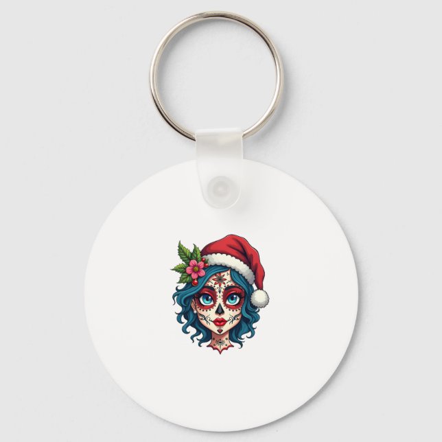 Chaveiro Christmas Sugar Skull Art Woman Santa Hat Festive  (Frente)