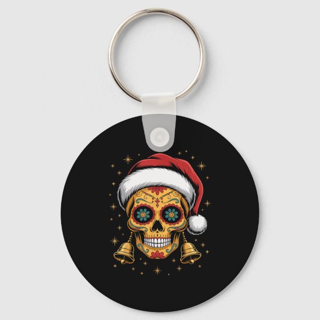 Chaveiro Christmas Sugar Skull Art Woman Santa Hat Festive  (Frente)