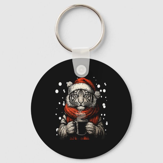 Chaveiro Christmas Tiger With Santa Hat Coffee Lover Funny  (Frente)