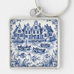 Chaveiro Cidade de Delft e Porto de Pesca Azul Cobalto Bran