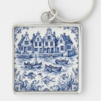 Chaveiro Cidade de Delft e Porto de Pesca Azul Cobalto Bran