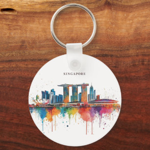 Chaveiro Cidade de Singapura Retrô Aquarela Silhueta