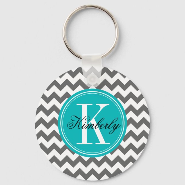 Chaveiro Cinza Chevron com Teal Monogramo (Frente)