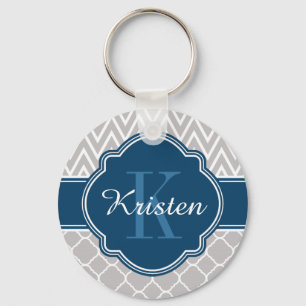 Chaveiro Cinza Chevron Quatrefoil Padrão Monograma Azul