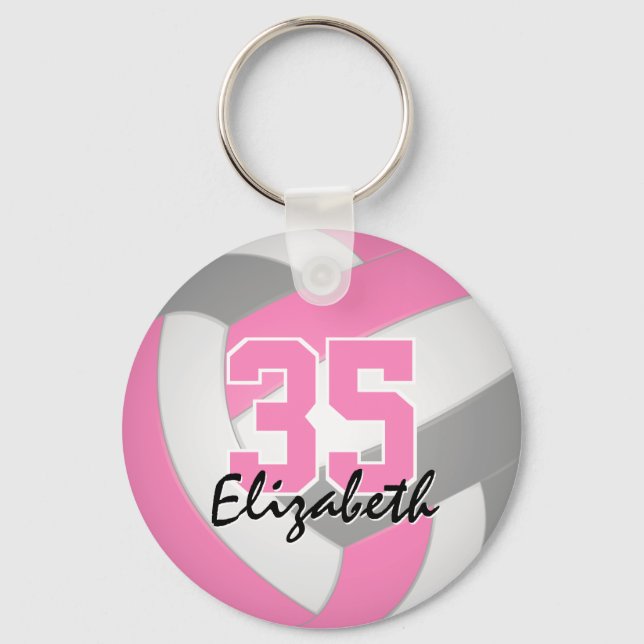 Chaveiro cinza rosa fofinho personalizado de voleibol (Frente)