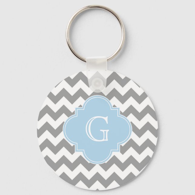 Chaveiro Cinza Wht Chevron Lt Blue Quatrefoil Monograma (Frente)