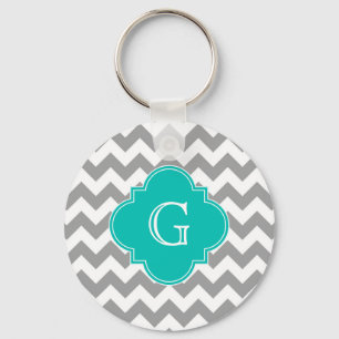 Chaveiro Cinza Wht Chevron ZigZag Teal Quatrefoil Monograma