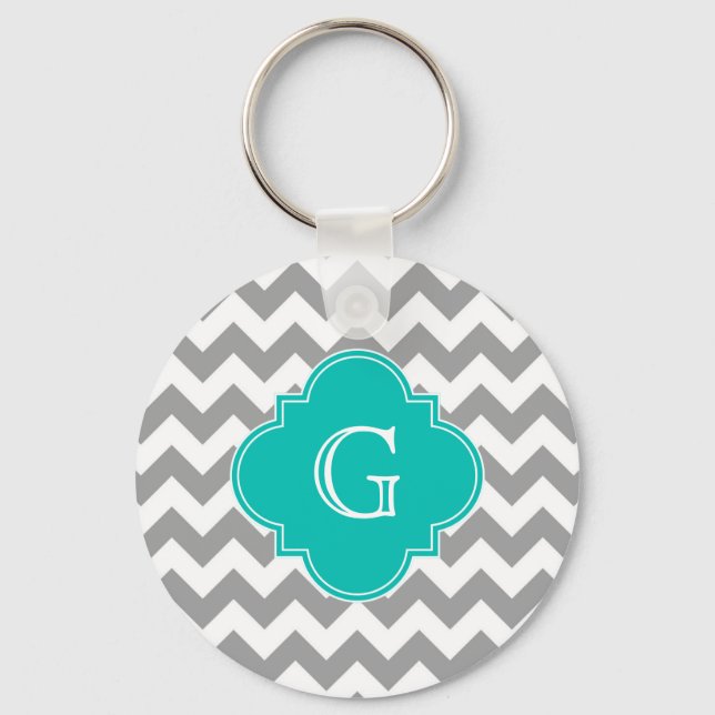 Chaveiro Cinza Wht Chevron ZigZag Teal Quatrefoil Monograma (Frente)