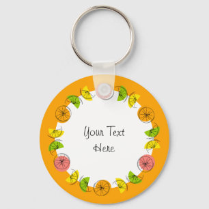 Chaveiro Círculo Citrus Laranja Texto alumínio frente e ver