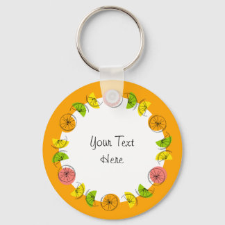Chaveiro Círculo Citrus Laranja Texto alumínio frente e ver