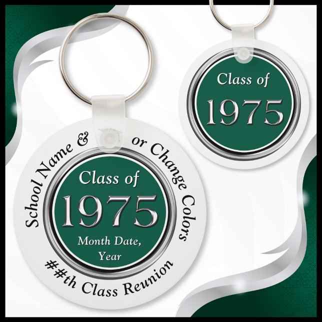 Chaveiro Classe de 1975 50ª Reunião, Classe de Souvenir 197 (Forest Green, White, Black and Silver, Class of 1975 Reunion Gifts. Class of 75 50th class reunion.)