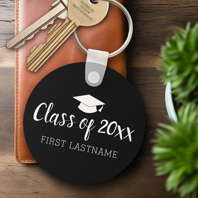 Chaveiro Classe de ano e Boné de formatura de nome - preto (Personalized Keychain - Graduation Party Favor)