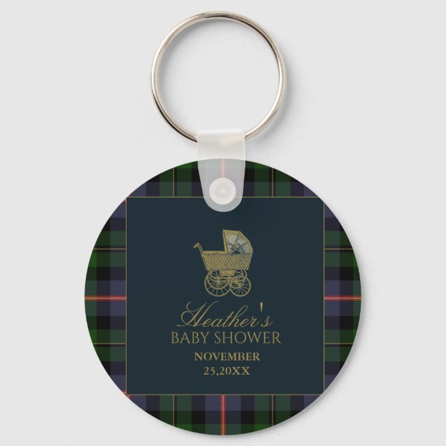 Chaveiro Classic Dark Green Blue Plaid Baby Shower (Frente)