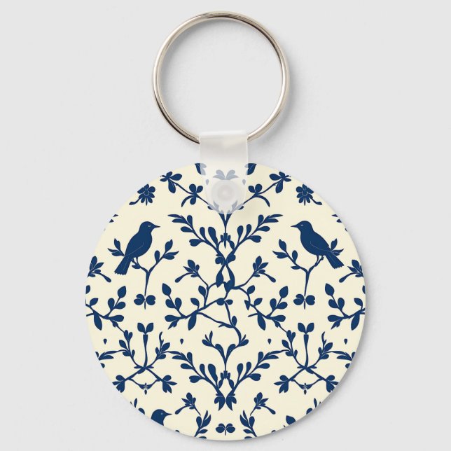 Chaveiro Clássico Azul Marinho Silhueta de Pássaro Damask T (Frente)
