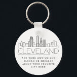 Chaveiro Cleveland, Ohio Stylizou Skyline | Slogan Personal<br><div class="desc">Uma cadeia chave única representando a bela cidade de Cleveland,  Ohio. Este chaveiro apresenta uma ilustração estilizada do horizonte único da cidade com seu nome embaixo. Por baixo do nome da cidade está um lugar para o seu slogan ou afirmação exclusivo sobre a sua cidade favorita.</div>