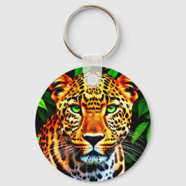 Chaveiro Close-Up Jaguar Leopardo Rosto com Olhos Verdes