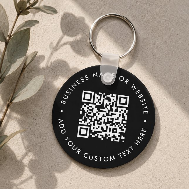 Chaveiro Código QR | Negócios Preto Moderno Orçamento Redon (Interactive editable QR code budget keychains to promote your business, products or services.)