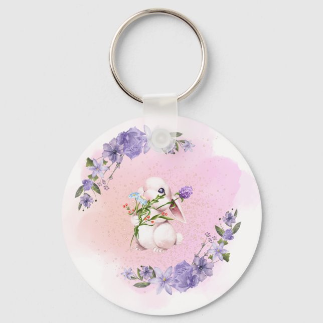Chaveiro Coelhinhos e flores bonitos (Frente)