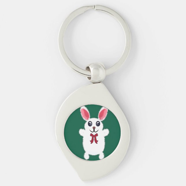 Chaveiro Coelho Branco Fofinho e Felpudo com Laço Vermelho  (Frente)