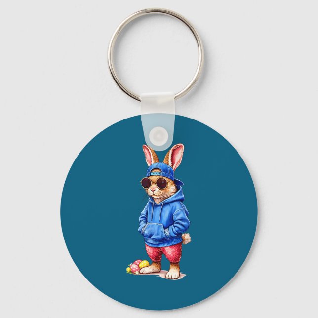 Chaveiro Coelho Feliz Páscoa Bunny Óculos de Sol Capuz Meni (Frente)