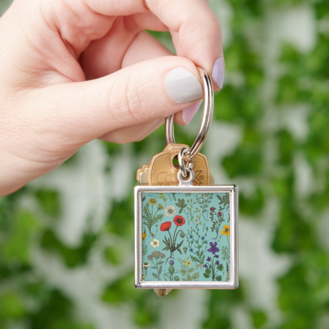 Chaveiro Colagem de flores silvestres em azul (Mão)