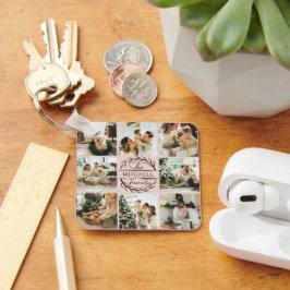 Chaveiro Colagem de Fotos da Família Rosa Blush Moderna Ele