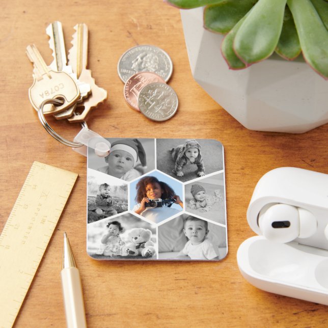 Chaveiro Colagem de Fotos de Hexágono Preto e Branco (Mesa)