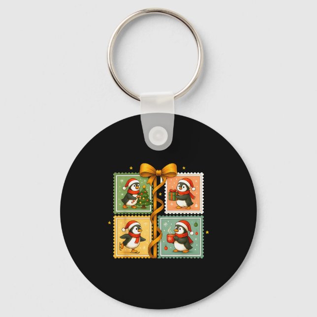 Chaveiro Colagem de selo de pinguim de Natal (Frente)
