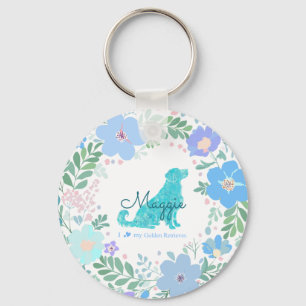 Chaveiro Coleira Floral de Retriever Dourado Azul Pastel co