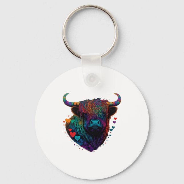 Chaveiro Colorful Highland Cow Valentines Day Farm Cow 1  (Frente)