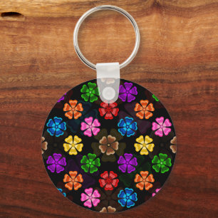 Chaveiro Colorido Design de Flores de Arco-íris Retro Preto