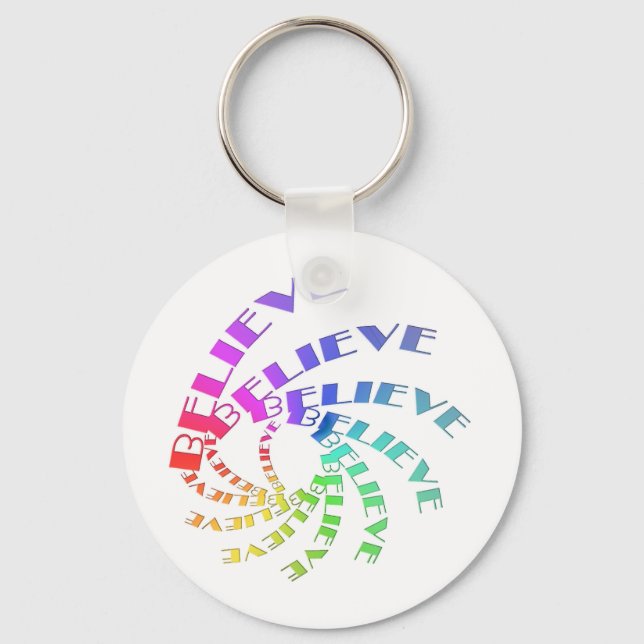 Chaveiro com BELIEVE Escrito em Espiral Multicolor (Frente)